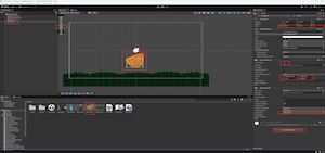 Unity scene with player catcher added, with Box Collider and Rigidbody 2D